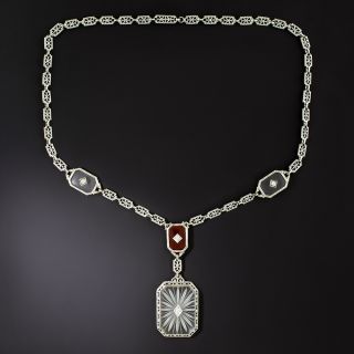Art Deco Rock Crystal Quartz, Carnelian and Diamond Necklace by Kohn & Co. - 2