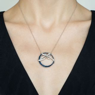 Art Deco Sapphire and Diamond Bow and Circle Pendant