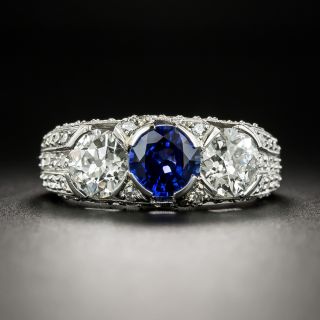 Art Deco Sapphire and Diamond Three-Stone Ring - GIA - 4