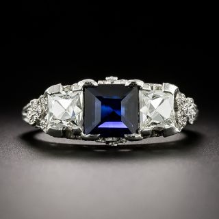 Art Deco Sapphire and French-Cut Diamond Three-Stone Ring - GIA - 3