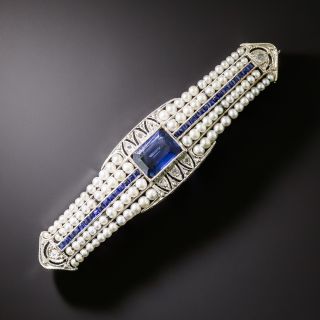 Art Deco Sapphire and Seed Pearl Bar Brooch - 1