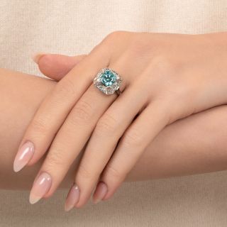 Art Deco Square-Cut Blue Zircon and Diamond Ring