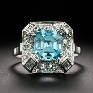 Art Deco Square-Cut Blue Zircon and Diamond Ring - 2