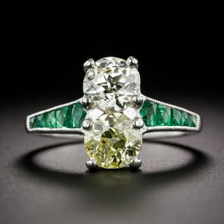 Art Deco-Style 1.09 Carat and 1.13 Carat Diamond and Calibre Emerald Ring - GIA - 4