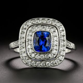 Art Deco-Style 1.14 Carat Ceylon Sapphire Double Diamond Halo Ring - GIA - 3