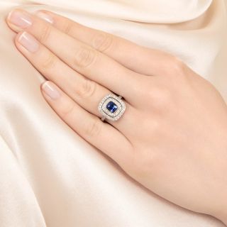 Art Deco-Style 1.14 Carat Ceylon Sapphire Double Diamond Halo Ring - GIA