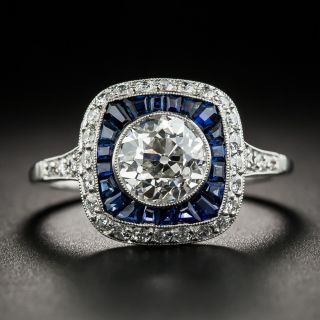 Art Deco Style 1.38 Ct.Diamond Calibre Sapphire Platinum Ring - 1