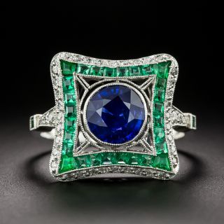 Art Deco-Style 1.69 Carat Sapphire, Emerald, and Diamond Ring - 3