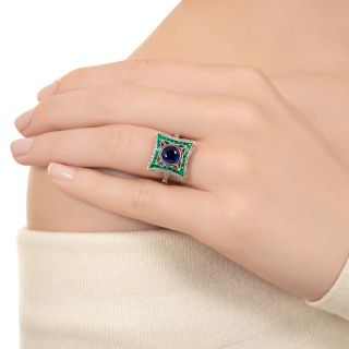 Art Deco-Style 1.69 Carat Sapphire, Emerald, and Diamond Ring