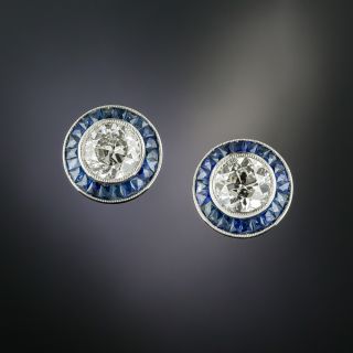 Art Deco Style 2.84 Carat Diamond and Calibre Sapphire Stud Earrings - GIA - 1