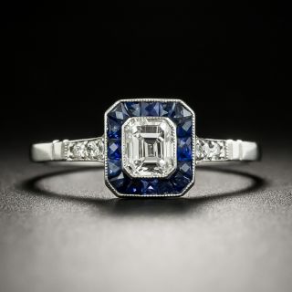 Art Deco Style .46 Carat Emerald-Cut Diamond and Sapphire Ring - 2