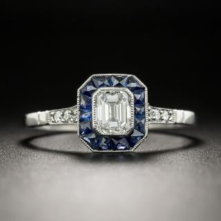 Art Deco Style .48 Carat Emerald-Cut Diamond and Sapphire Halo Ring - 2