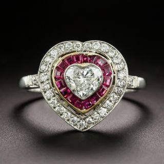 Art Deco-Style .50 Carat Heart-Shaped Diamond and Ruby Ring - 2