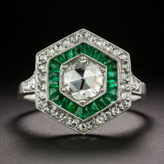 Art Deco-Style .55 Rose-Cut Diamond and Emerald Halo Ring - 3