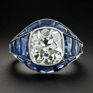 Art Deco Style 6.57 Carat Old Mine-Cut Diamond and Sapphire Ring - GIA  - 2