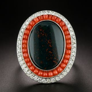 Art Deco-Style Bloodstone, Coral, and Diamond Ring - 3