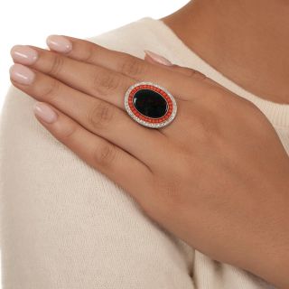 Art Deco-Style Bloodstone, Coral, and Diamond Ring