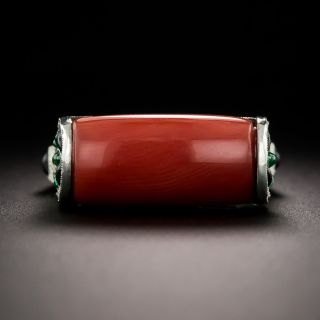 Art Deco Style Coral, Emerald, and Onyx Ring - 3