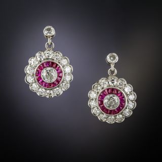 Art Deco Style Diamond Ruby Platinum Circle Dangle Earrings - 1