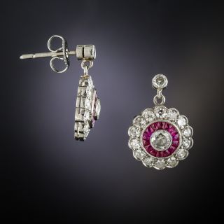 Art Deco Style Diamond Ruby Platinum Circle Dangle Earrings