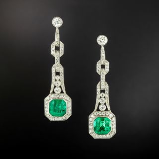 Art-Deco Style Emerald and Diamond Drop Earrings - 2
