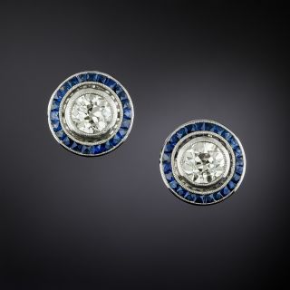 Art Deco-Style European Cut Diamond and Sapphire Halo Earrings - GIA - 2