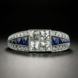 Art Deco Style French-Cut Diamond and Calibre Sapphire Ring - 2