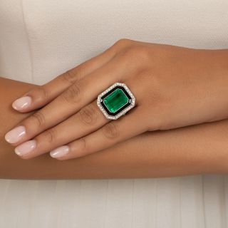 Art Deco Style Green Glass, Black Onyx and Diamond Ring