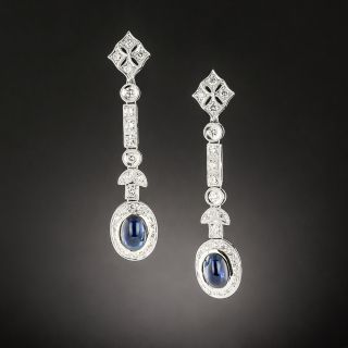 Art Deco Style No-Heat Cabochon Sapphire and Diamond Dangle Earrings - 2
