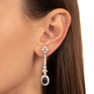 Art Deco Style No-Heat Cabochon Sapphire and Diamond Dangle Earrings