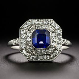 Art Deco-Style No-Heat Sapphire and Diamond Double Halo Ring - 3