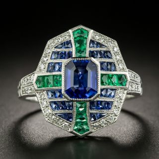 Art Deco Style Sapphire, Emerald and Diamond Ring - 2