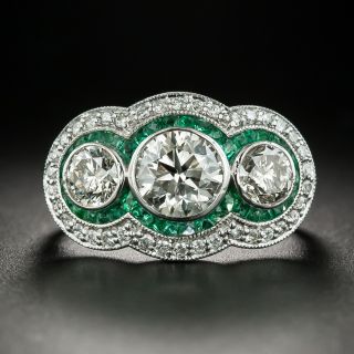 Art Deco Style Three-Stone Diamond and Calibre Emerald Ring - 2