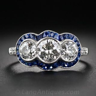 Art Deco Style Three-Stone Diamond and Calibre Sapphire Ring
