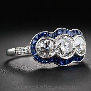 Art Deco Style Three-Stone Diamond and Calibre Sapphire Ring