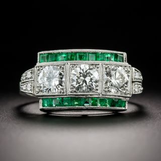 Art Deco-Style Three-Stone Diamond and Emerald Ring - 3