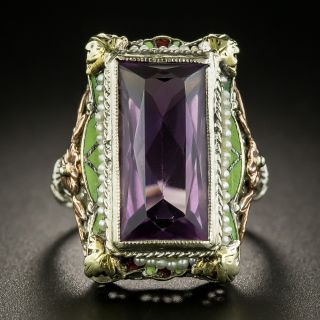 Art Deco Suffragette Amethyst, Seed Pearl Enamel Ring by Goodman & Co. - 2