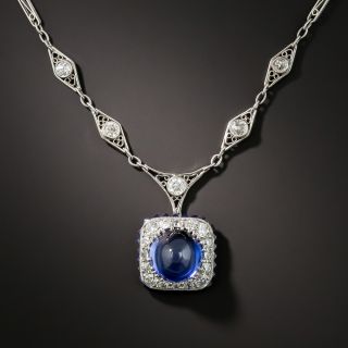 Art Deco Synthetic Cabochon Sapphire and Diamond Necklace - 3