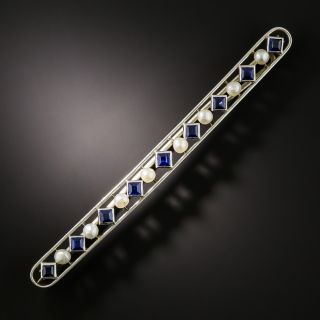 Art Deco Synthetic Sapphire and Pearl Bar Pin - 1