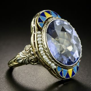 Art Deco Synthetic Sapphire, Seed Pearl and Enamel Ring by J.J. White