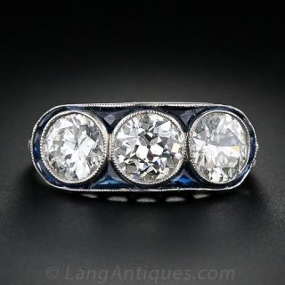 Art Deco Three Stone Diamond and Sapphire Ring