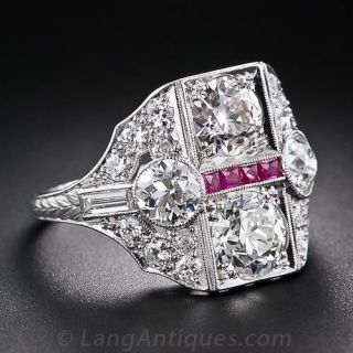 Art Deco Twin Diamond and Calibre Ruby Dinner Ring