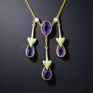 Art Nouveau Amethyst, Pearl and Enamel Dangle Necklace - 3