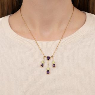 Art Nouveau Amethyst, Pearl and Enamel Dangle Necklace