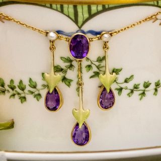 Art Nouveau Amethyst, Pearl and Enamel Dangle Necklace