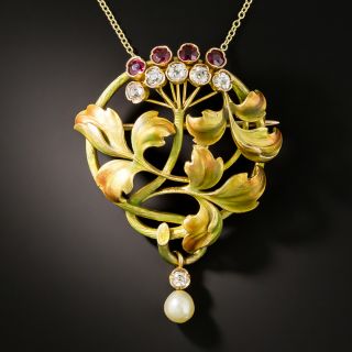 Art Nouveau Autumn Enamel, Ruby, Diamond, and Pearl Pendant/Brooch - 1