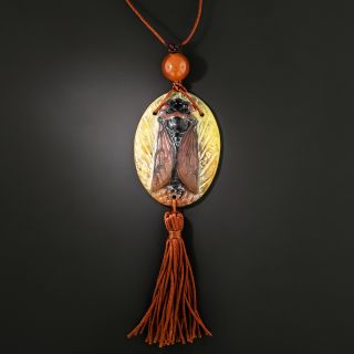 Art Nouveau Cicada Pate de Verre Glass Pendant Necklace - 3