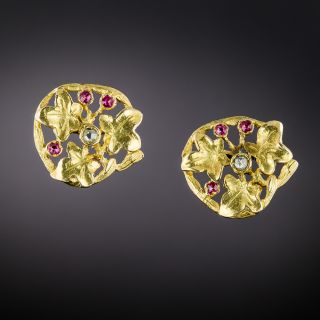 Art Nouveau Diamond And Ruby Leaf Earrings - 2