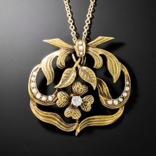 Art Nouveau Diamond And Seed Pearl Floral Pendant - 2
