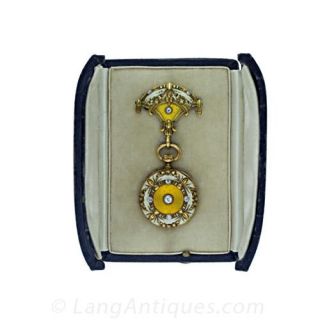 Art Nouveau Enamel and Diamond Lapel Watch